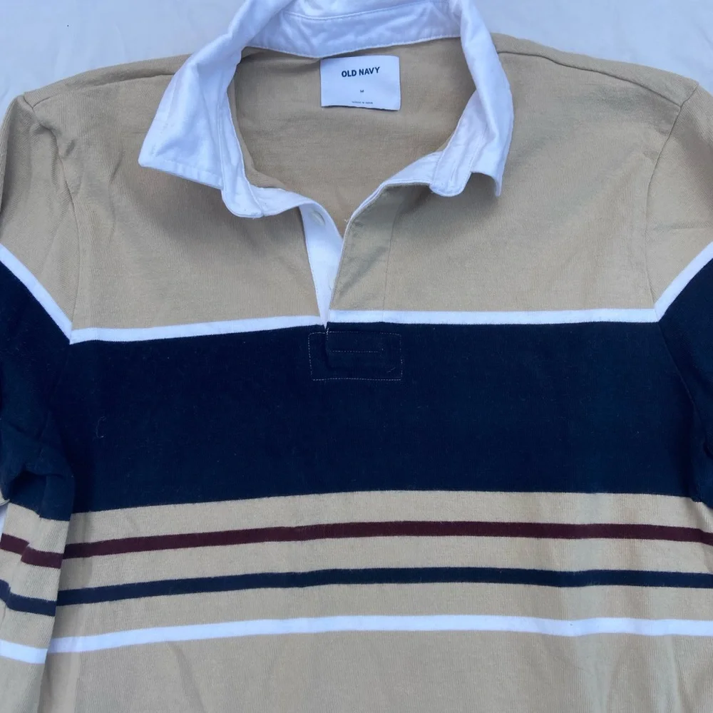 Rugby Tan Bergundy and blue Striped Shirt, Size M Old Navy, Barely Worn - Picture 3 of 4